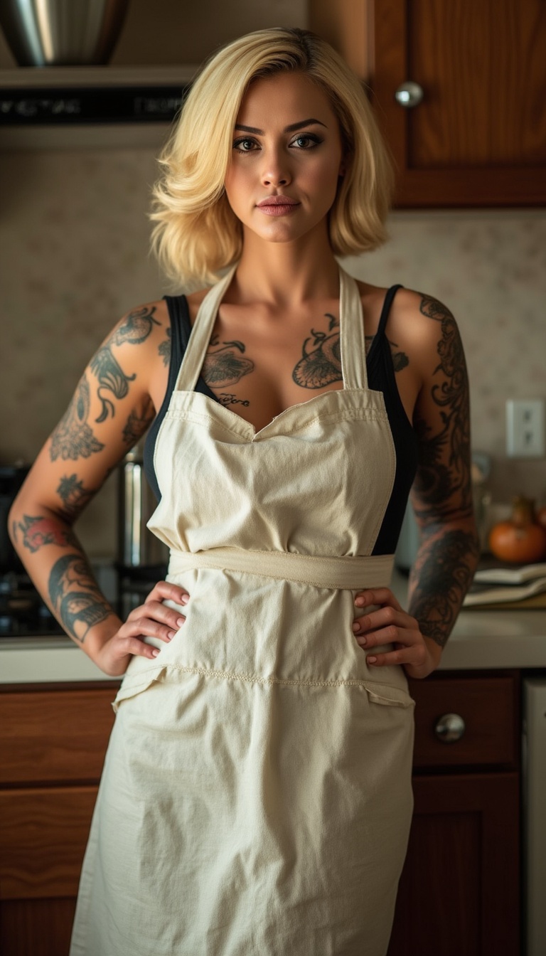 a woman with various tattoos and blonde hair,  solo,  hips up on Tensor.Art