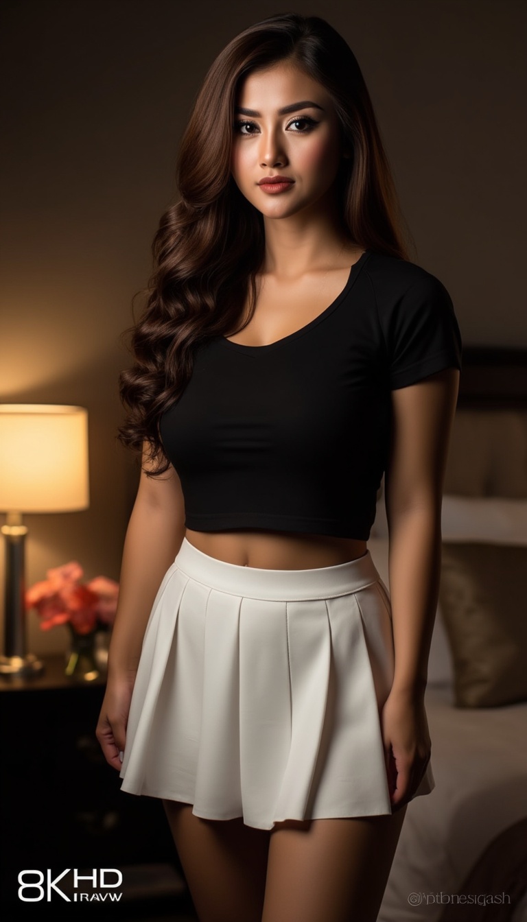 A masterpiece of realistic photography showcases a stunning young woman standing confidently with long brown hair flowing...