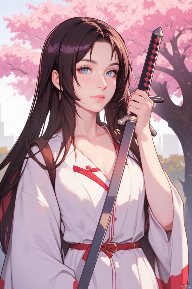 A girl with long dark brown hair, wearing a white kimono, adorned with a brown belt and a red bow. She is holding a sword in her right hand, with her left hand resting on the handle of the sword. Her eyes are a piercing blue, adding a pop of color to the scene. The background is blurred, revealing a tree with pink flowers.
