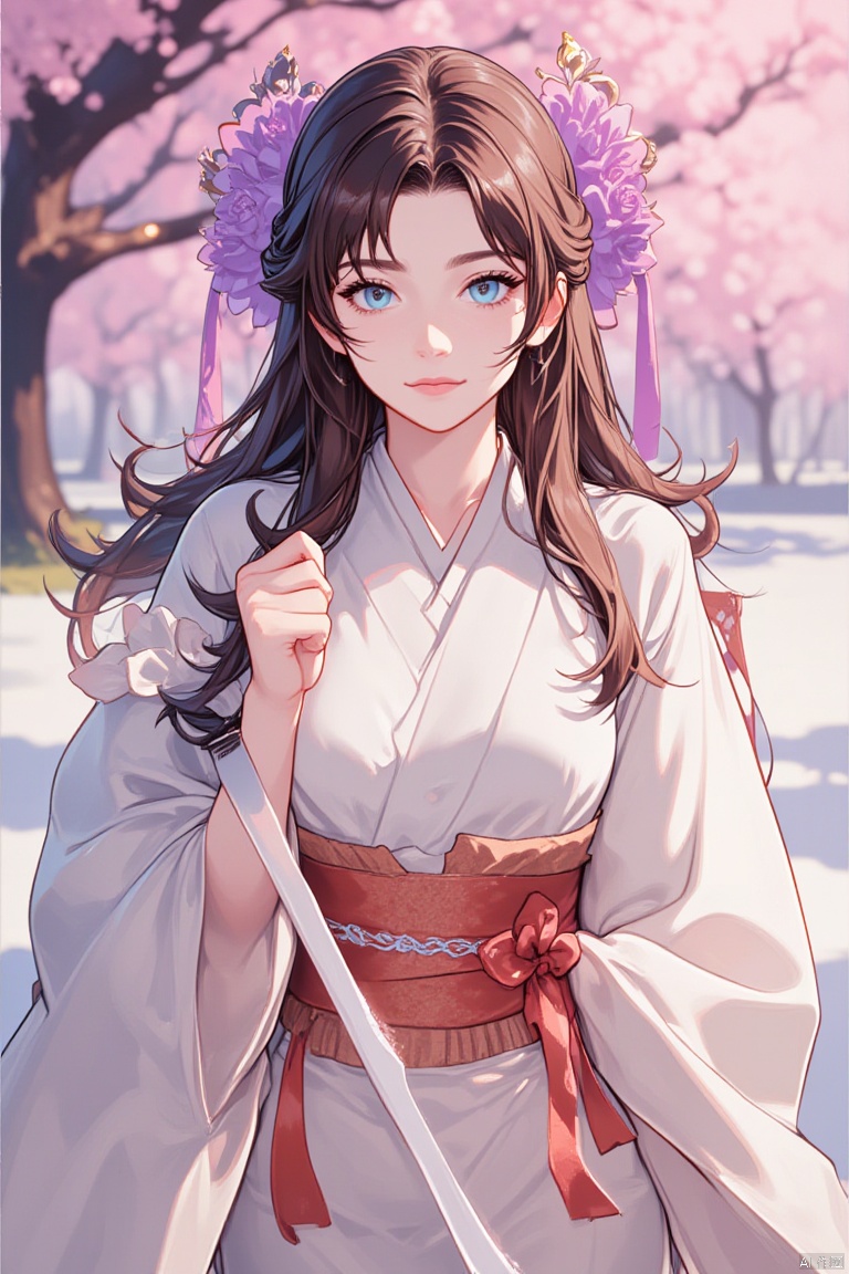 A girl with long dark brown hair, wearing a white kimono, adorned with a brown belt and a red bow. She is holding a sword in her right hand, with her left hand resting on the handle of the sword. Her eyes are a piercing blue, adding a pop of color to the scene. The background is blurred, revealing a tree with pink flowers.