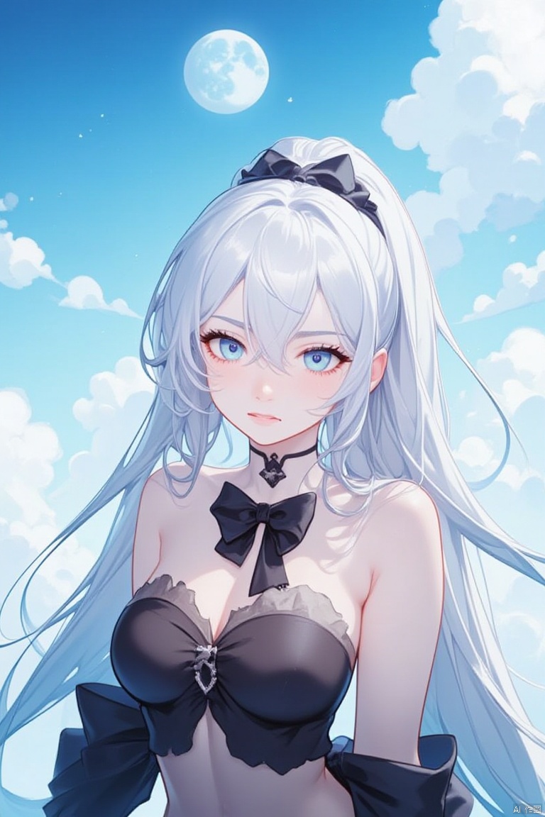 An animated image of an anime girl with long white hair and blue eyes. She is wearing a black outfit with a black bow around her neck. Her hair is flowing in a ponytail. The sky behind her is a light blue with white clouds. There is a moon in the sky above her. Her eyes are a piercing blue. Her eyebrows are a darker shade of blue.