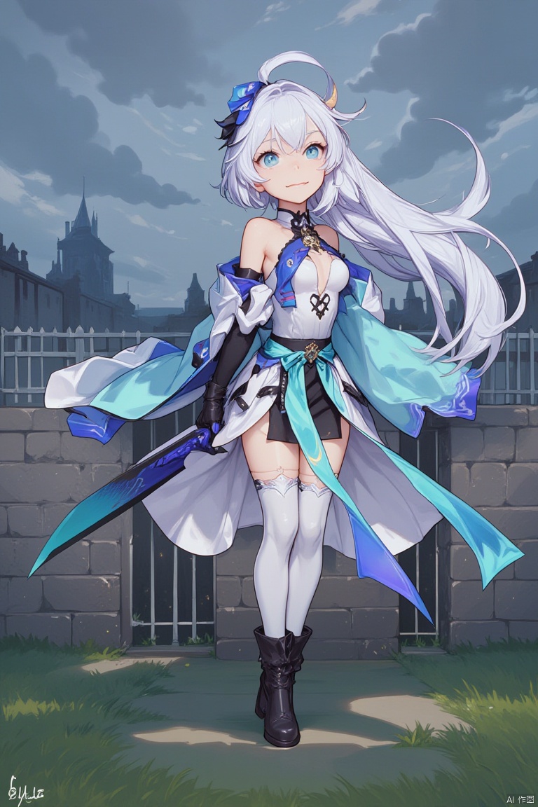 An animated image of a girl with long white hair and blue eyes. She is wearing a white and blue dress with a black belt around her waist. She has black boots on her feet and black gloves on her hands. Her hair is blowing in the wind and she is holding a sword in her right hand. The sword is a bright blue color. Behind her is a gray brick wall with green grass growing on it. Behind the wall is a white fence and behind the fence are buildings. The sky is filled with dark gray clouds.
