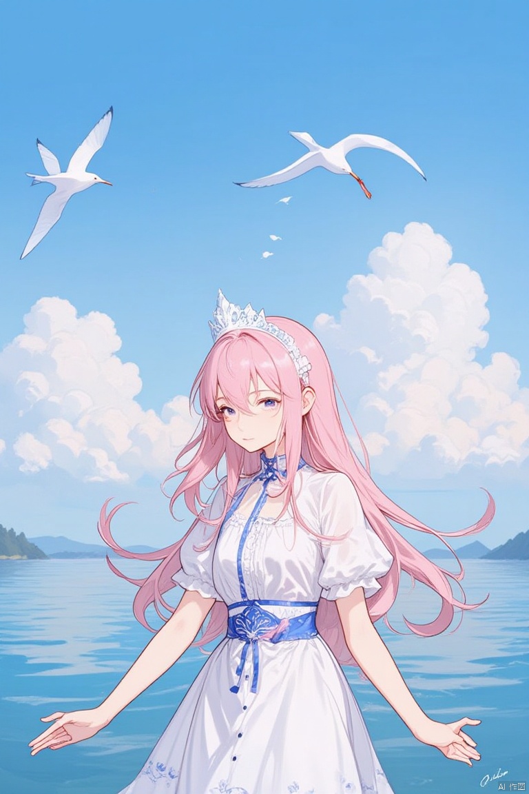 A girl with long pink hair and a white crown on her head. She is standing in front of a body of water. The sky is blue with white fluffy clouds. There are white seagulls flying in the sky above the girl. The girl is wearing a white dress with blue accents. Her arms are out to her sides. Her hair is blowing in the wind.