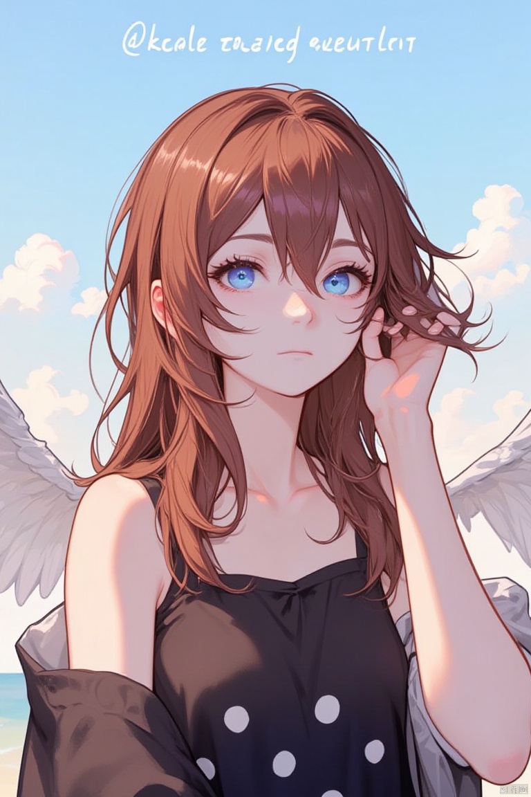 An animated animated image of a girl with long brown hair and blue eyes. She is wearing a black sleeveless shirt with white polka dots on it. Her left hand is holding her hair up to her ear. Her right hand is resting on her right hand. Her eyes are a bright blue color. Her hair is blowing in the wind. The background is a light blue sky with white clouds. There are white wings on either side of her.