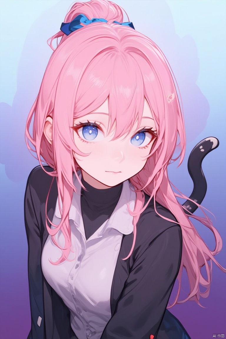 An anime girl with long pink hair and blue eyes. She is wearing a black jacket with a white collar and a white shirt underneath. Her hair is tied up in a ponytail. Her eyes are a piercing blue color. She has a black cat tail on her left side. The cat tail is black and has white spots on it. The background behind her is a light blue and purple color.