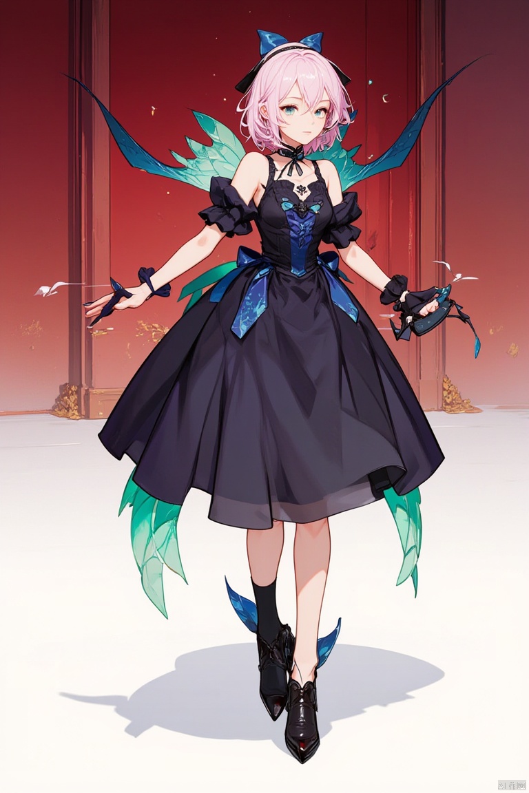 An animated image of a woman in a black dress with blue accents. The woman's hair is a light pink color and she has a blue bow on her head. She is standing on a white surface. She has black shoes on her feet and black gloves on her hands. Her arms are outstretched and she is holding a black object in her right hand. Behind her are green wings with white dots on them. The background behind her is a red wall.