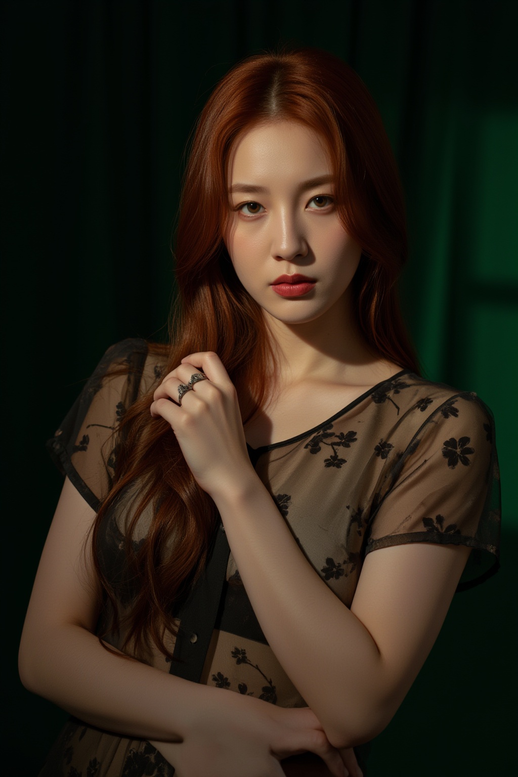 A photorealistic portrait of a vibrant red-haired hubgwoman stands in front of a dark backdrop,  her features illuminated...
