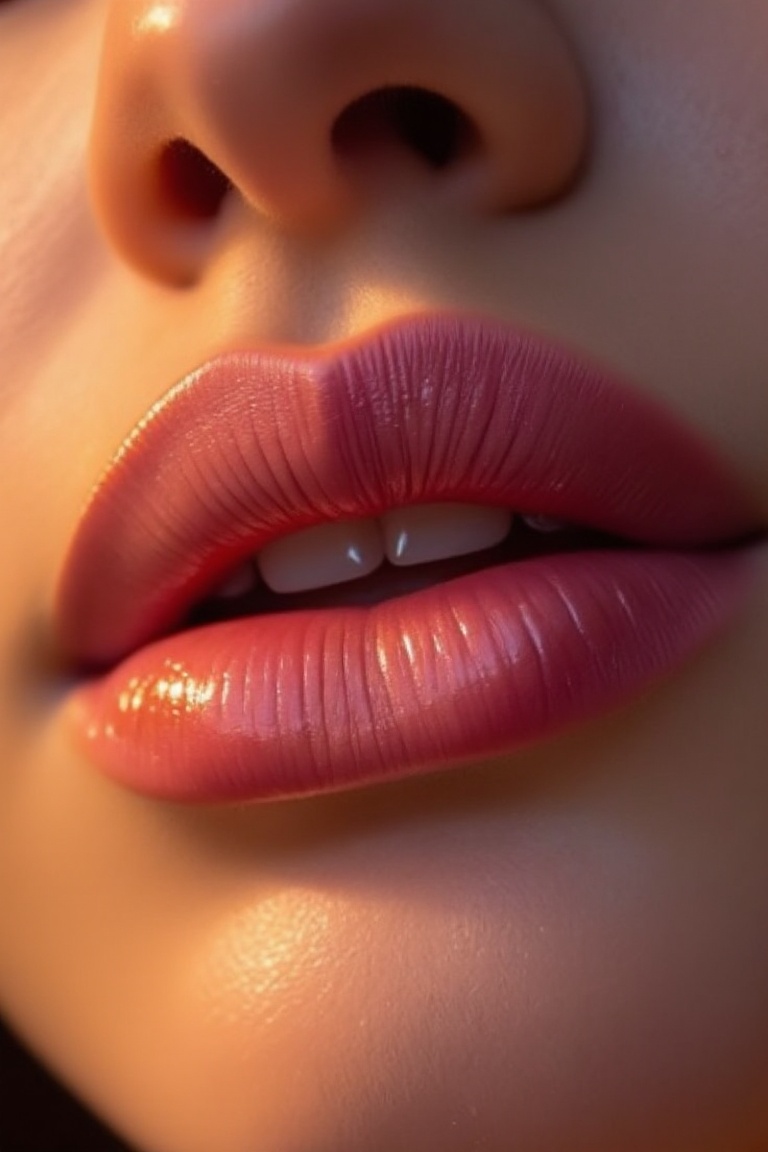 A serene portrait of a woman's lips,  set against a subtle background,  softly lit from above with warm golden light on Te...
