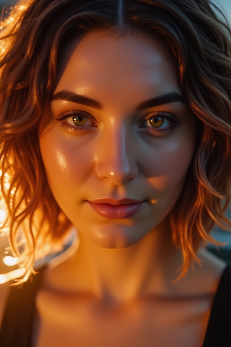 A captivating portrait: A woman's face fills the frame,  gazing directly at the camera with an air of mystery. Soft golden...