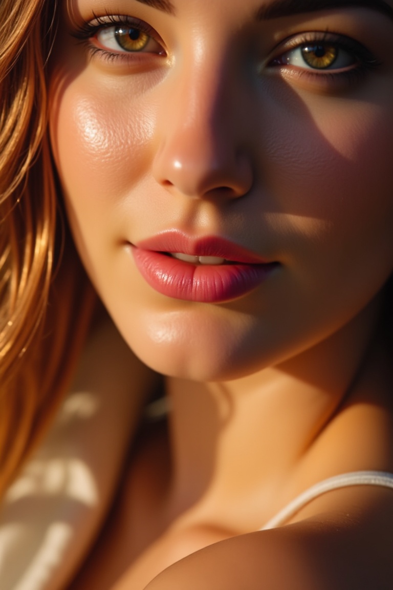 A serene portrait of a woman's lips,  set against a subtle background,  softly lit from above with warm golden light on Te...