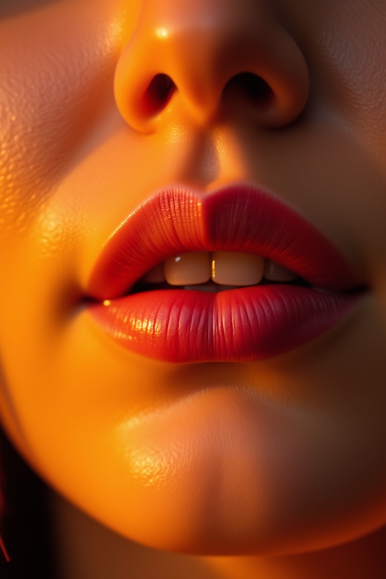 A serene close-up portrait of a woman's lips,  bathed in a warm golden light that casts a gentle glow on her rosy pout. Th...