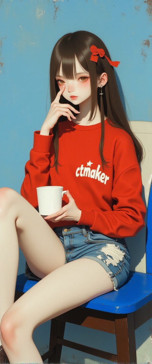 a medium-sized Asian girl with long brown hair,  wearing a red sweater and blue jean shorts,  is seated on a blue and whit...