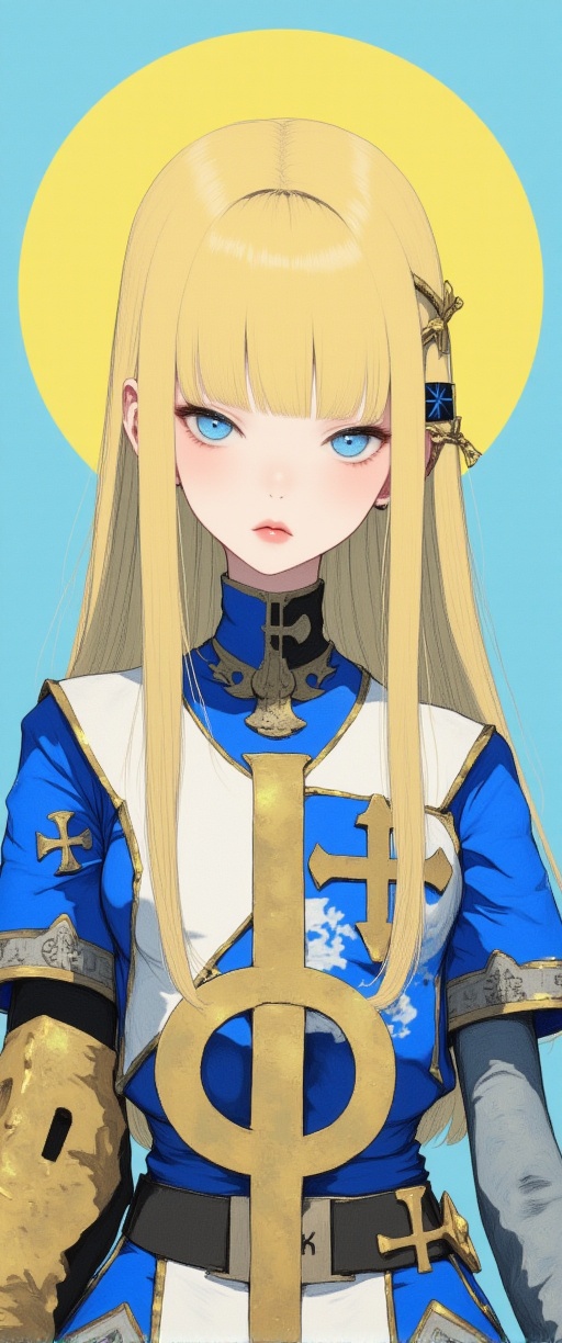 An animated image of a woman with long blonde hair and blue eyes. She is wearing a blue and white dress with a gold cross...