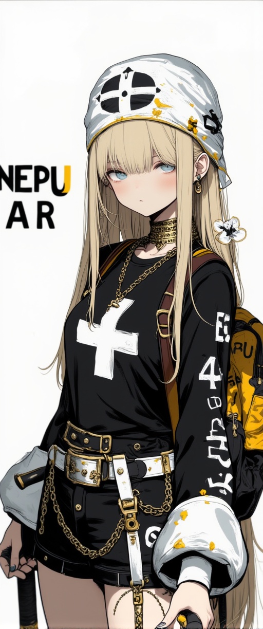 a 3D animated female doll with long blonde hair,  a black backpack,  and a white bandana tied around her head. She is dres...