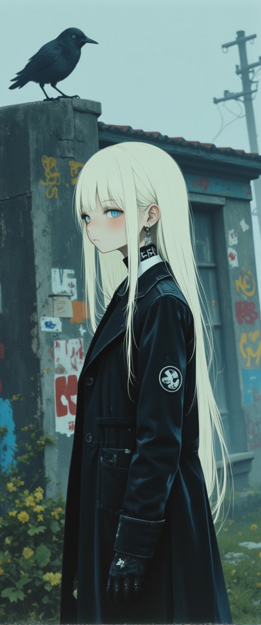 A hauntingly beautiful scene unfolds before us: a woman with long,  flowing white hair and a dramatic black coat stands re...