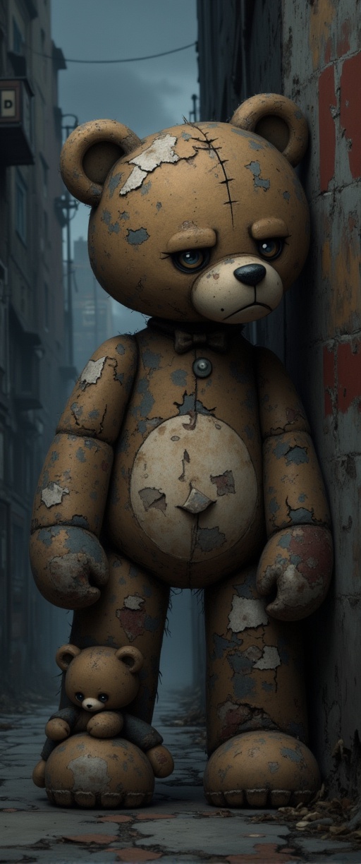 A worn,  torn old teddy bear with patches stands in a dark and dirty alleyway in a big city at night. His sad face express...
