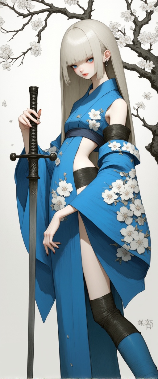 a medium-sized Asian woman,  dressed in a blue kimono,  adorned with white flowers on Tensor.Art