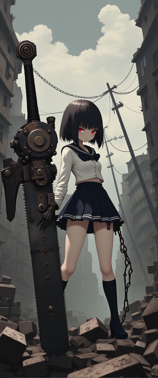 A gritty GOD EATER scene: A petite Japanese girl in a sailor school uniform miniskirt stands strong amidst the ruins of a...