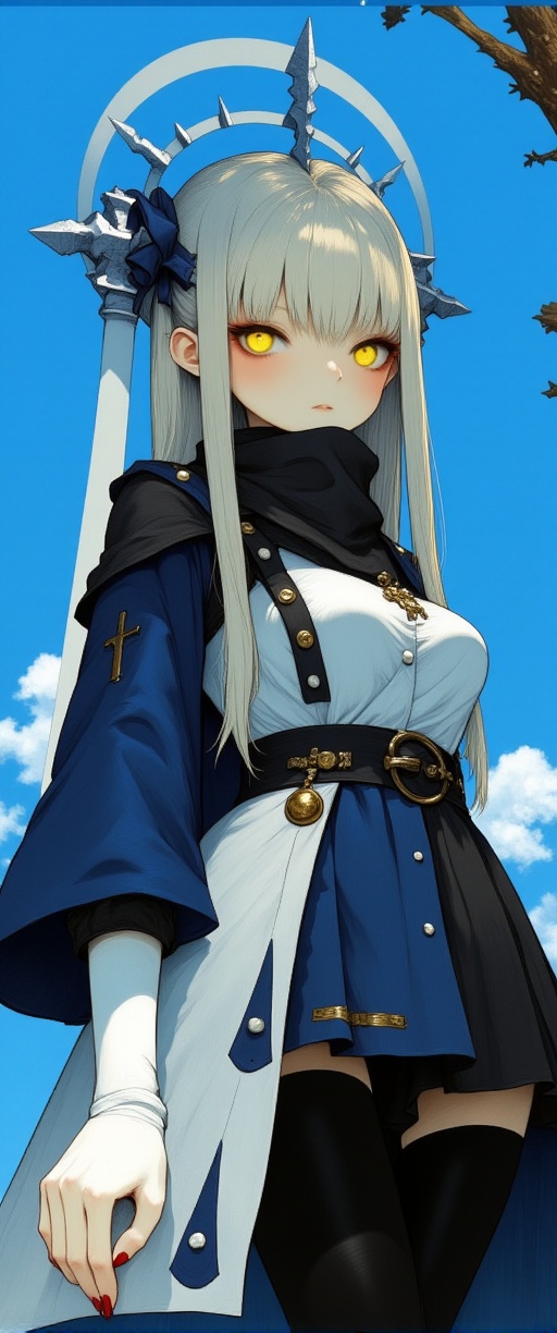 a figurine of a woman dressed in a blue and white outfit,  adorned with a cross on her head. The woman's face is adorned w...