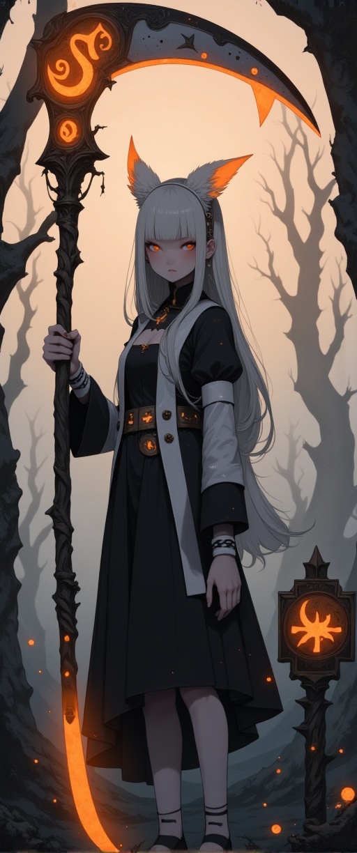 In this mystical,  watercolor-lit scene,  a poised woman in crisp maiden attire holds a scythe adorned with vibrant on Ten...