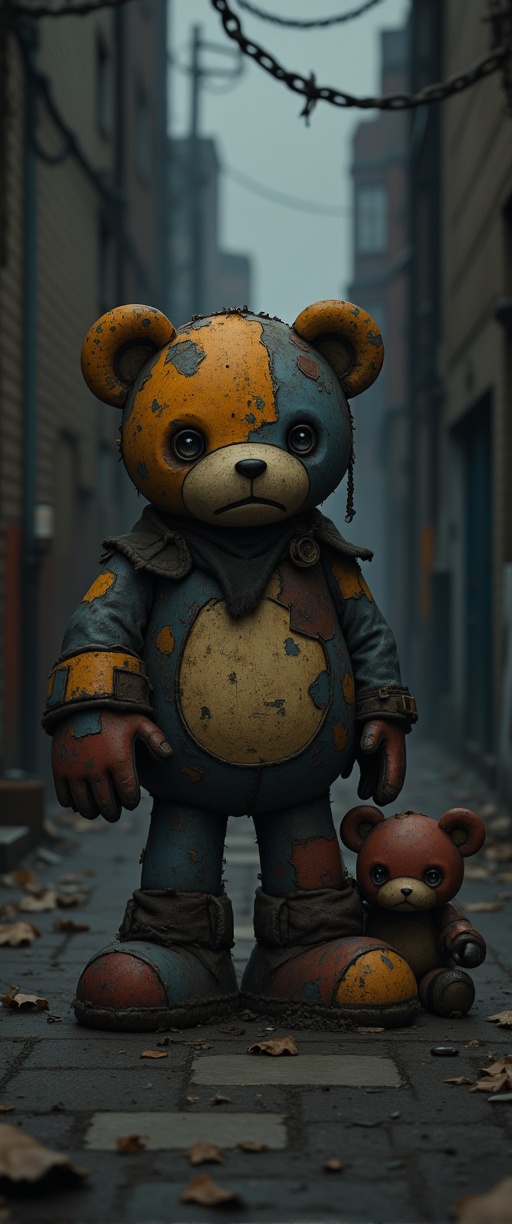 A worn,  torn old teddy bear with patches stands in a dark and dirty alleyway in a big city at night. His sad face express...