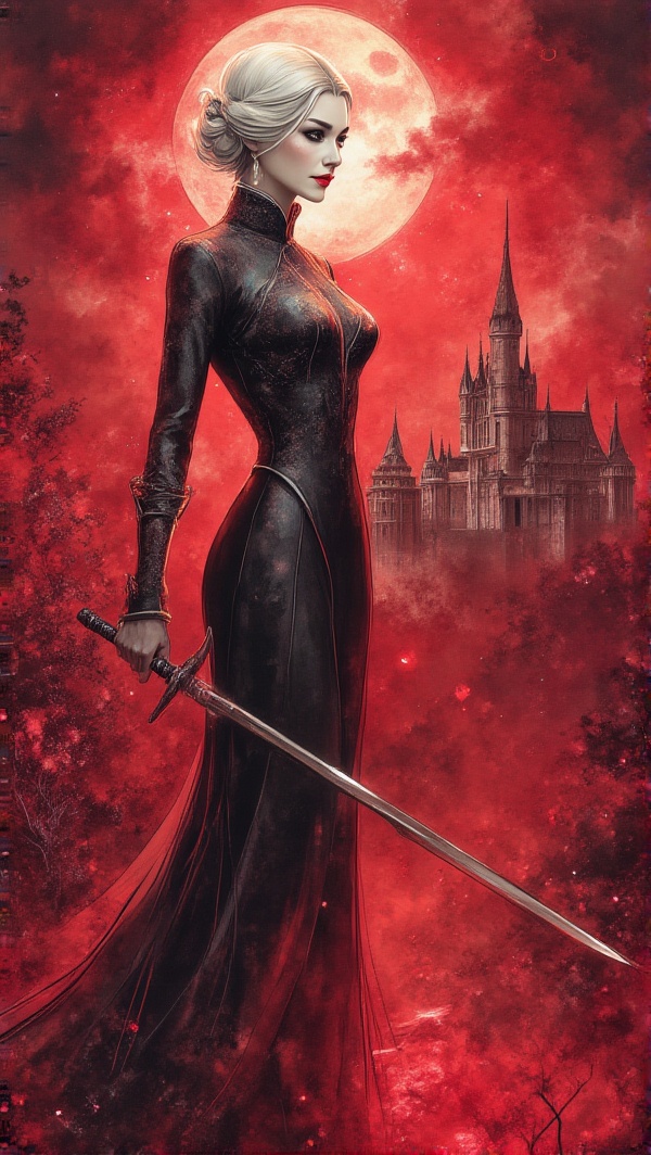 Watercolor,  Photo. Realistic light reflections. Deep red to black gradient. Ominous atmosphere. Full body view of an eleg...