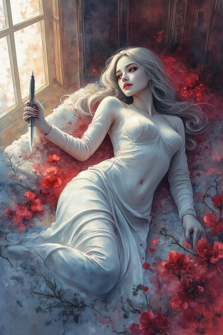 Watercolor,  In the style of Art Nouveau. A woman lie on bed,  coil her body with a dagger on Tensor.Art