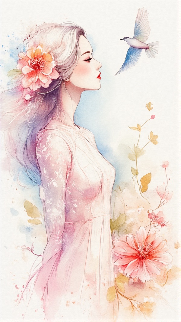 woman,  flower and sky,  bird and pride on Tensor.Art