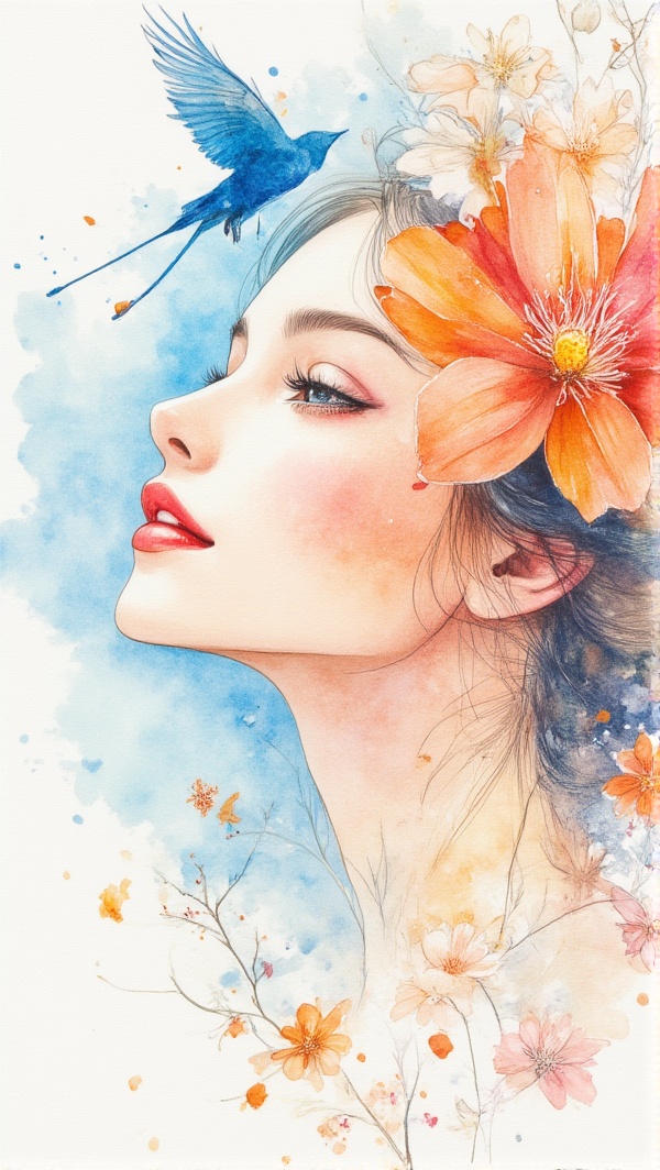 woman,  flower and sky,  bird and pride on Tensor.Art