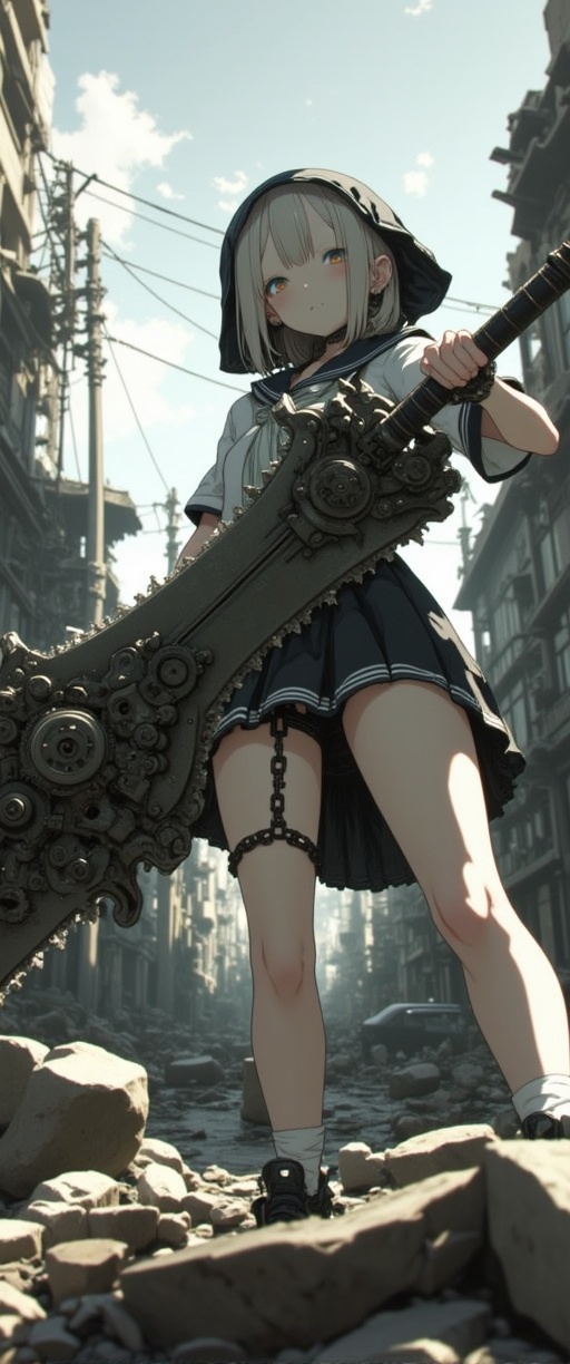 A gritty GOD EATER scene: A petite Japanese girl in a sailor school uniform miniskirt stands strong amidst the ruins of a...