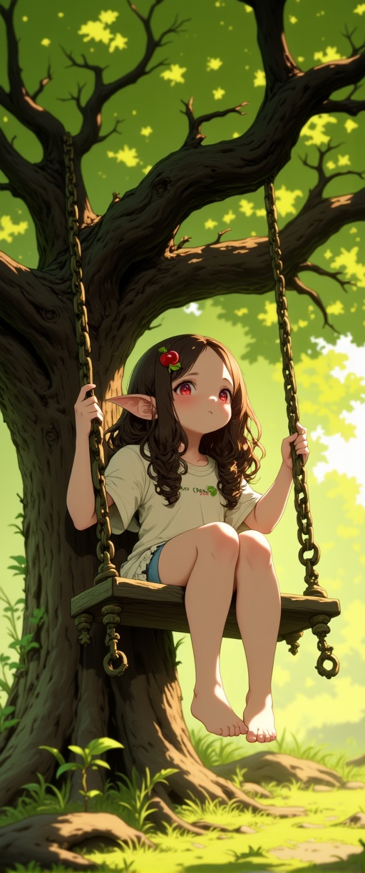 Under the sprawling canopy of a lush green tree,  an adorable elf girl perches on a wooden swing suspended from its sturdy...