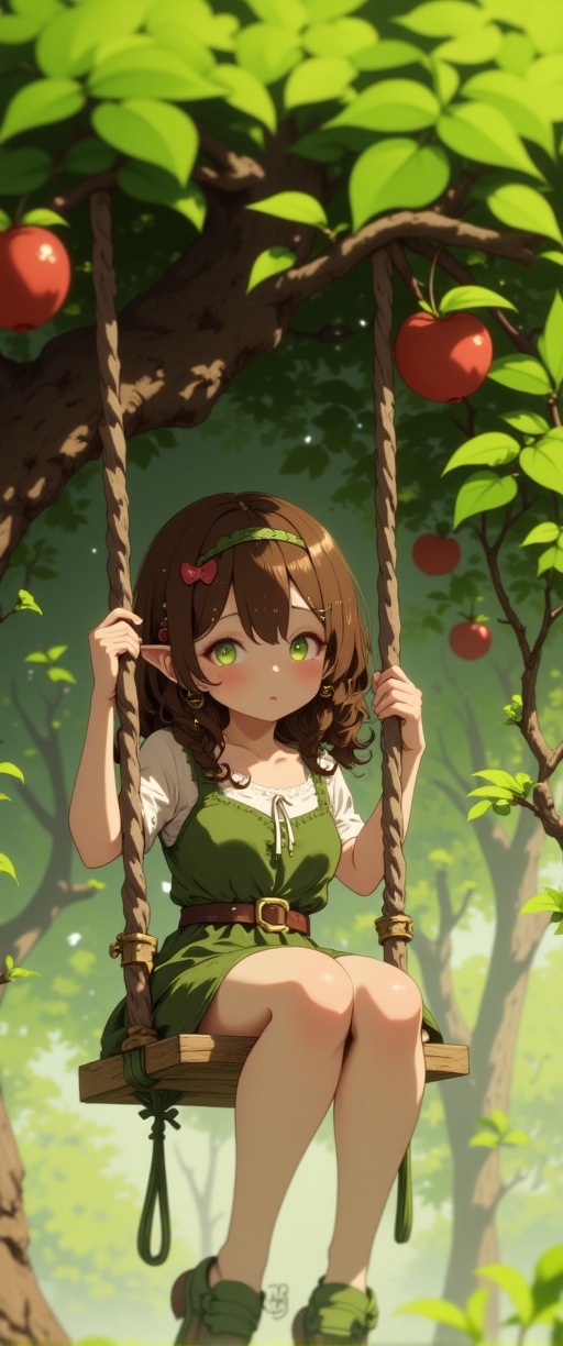 Under the sprawling canopy of a lush green tree,  an adorable elf girl perches on a wooden swing suspended from its sturdy...