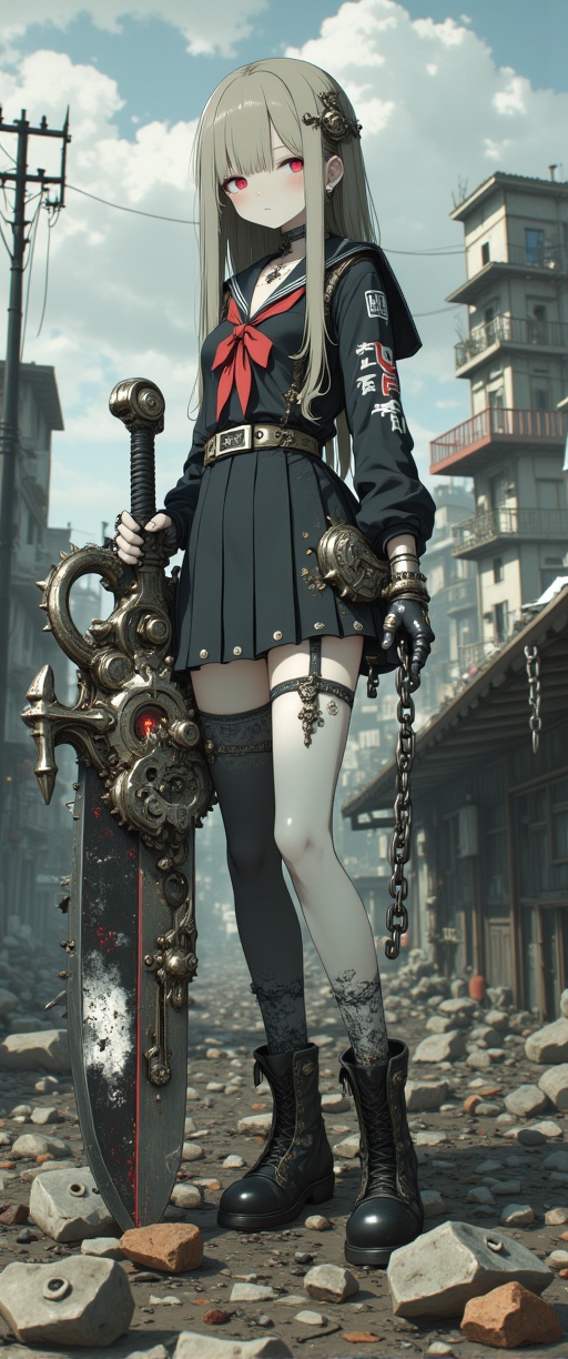 A gritty GOD EATER scene: A petite Japanese girl in a sailor school uniform miniskirt stands strong amidst the ruins of a...