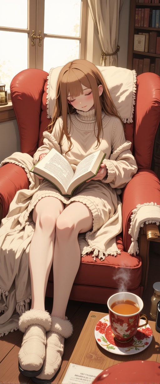 In the serene watercolor illustration Serene Reverie,  Chia lounges in her cozy armchair,  surrounded by warm colors and t...