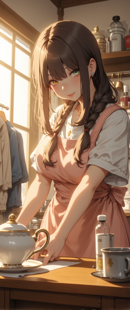 A serene afternoon scene unfolds as Haruka,  dressed in a modern chic outfit with a soft pink apron,  welcomes customers t...