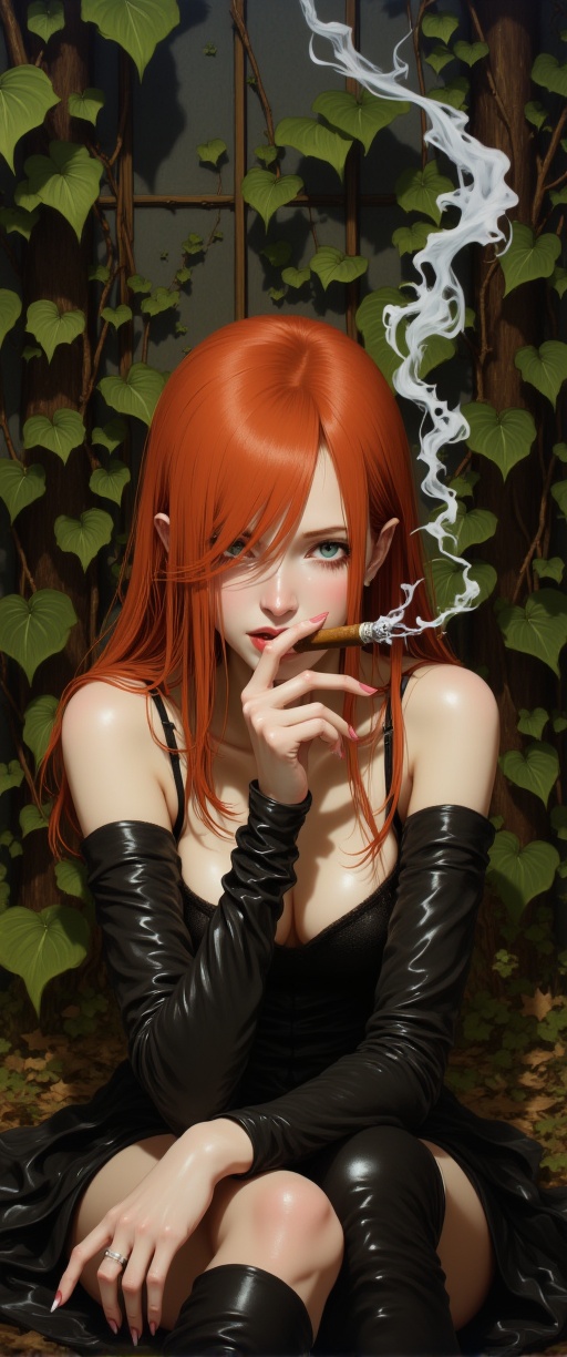 Against a backdrop of overgrown ivy vines and lush foliage,  a striking red-haired girl sits serenely,  lit cigar between...