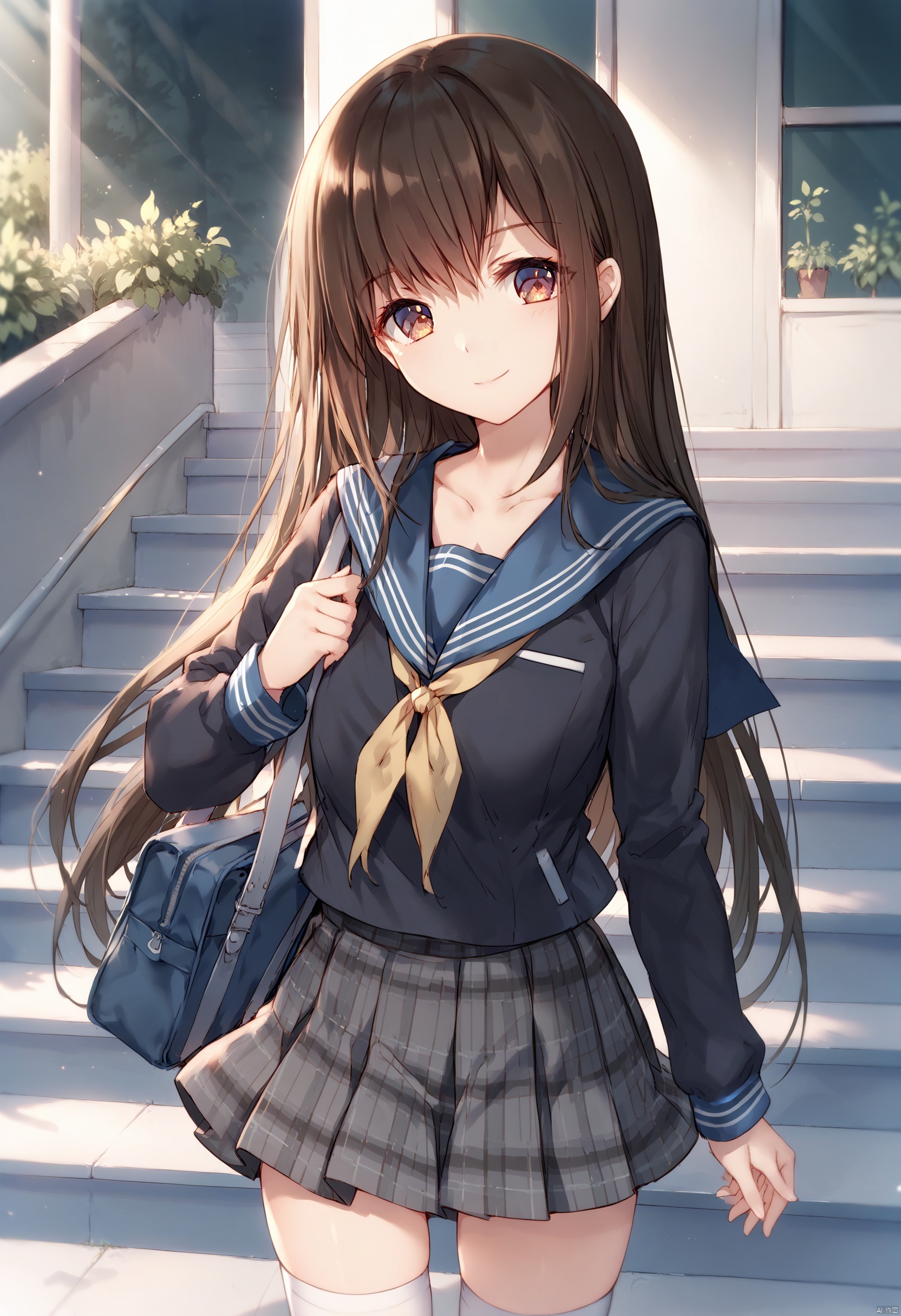 score_9,score_8_up,score_7_up,score_6_up,score_5_up,score_4_up,anime,Hermes,1girl,solo,brown eyes,brown hair,long hair, breasts, looking at viewer, smile, bangs, skirt, shirt, black hair, thighhighs, long sleeves, ribbon, closed mouth, school uniform, standing, purple eyes, collarbone, jacket, hair ribbon, pleated skirt, outdoors, serafuku, day, sailor collar, bag, white thighhighs, red ribbon, zettai ryouiki, black jacket, neckerchief, head tilt, plaid, plaid skirt, sunlight, plant, grey skirt, school bag, stairs, yellow neckerchief,