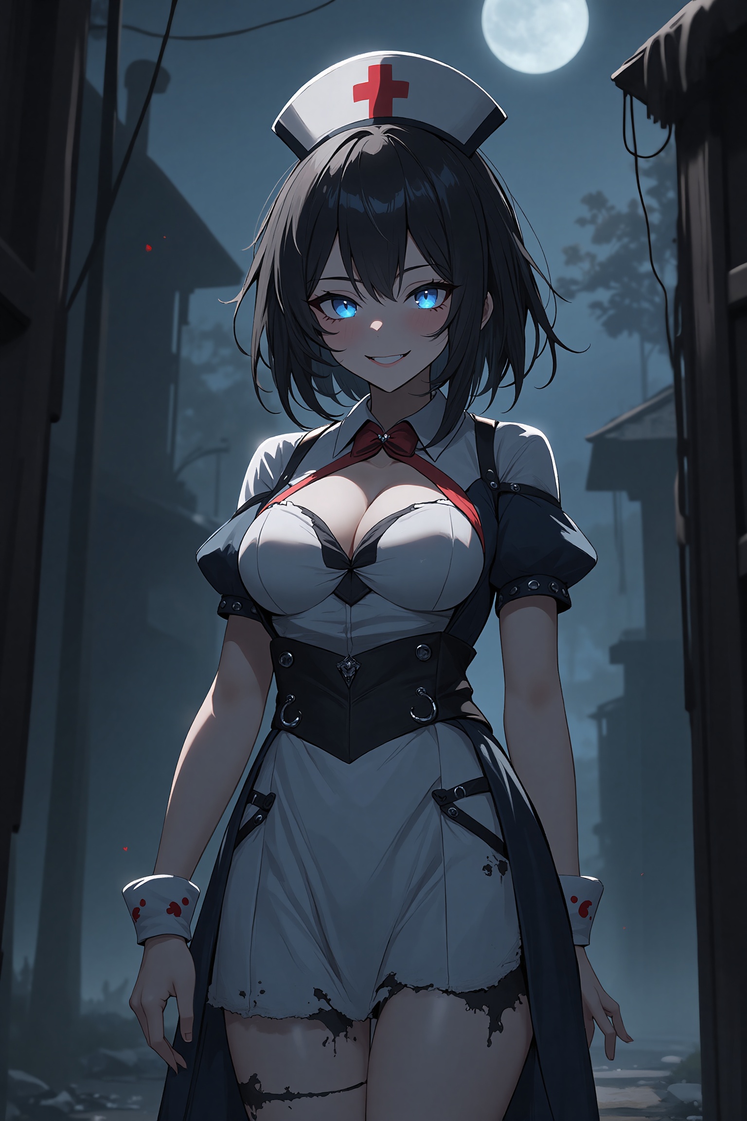 A hauntingly beautiful anime style image: A girl,  dressed in a eerie Halloween-themed nurse costume,  stands against a da...
