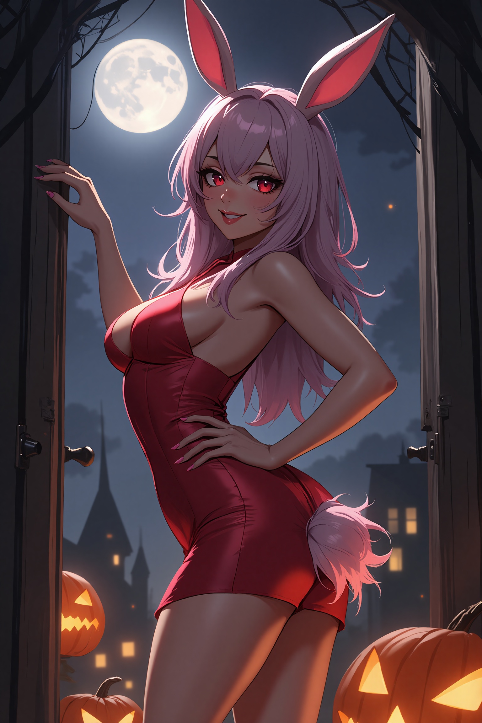 A sultry bunny girl dressed in a Playboy-inspired costume,  complete with a bright pink bunny tail and matching ears,  pos...