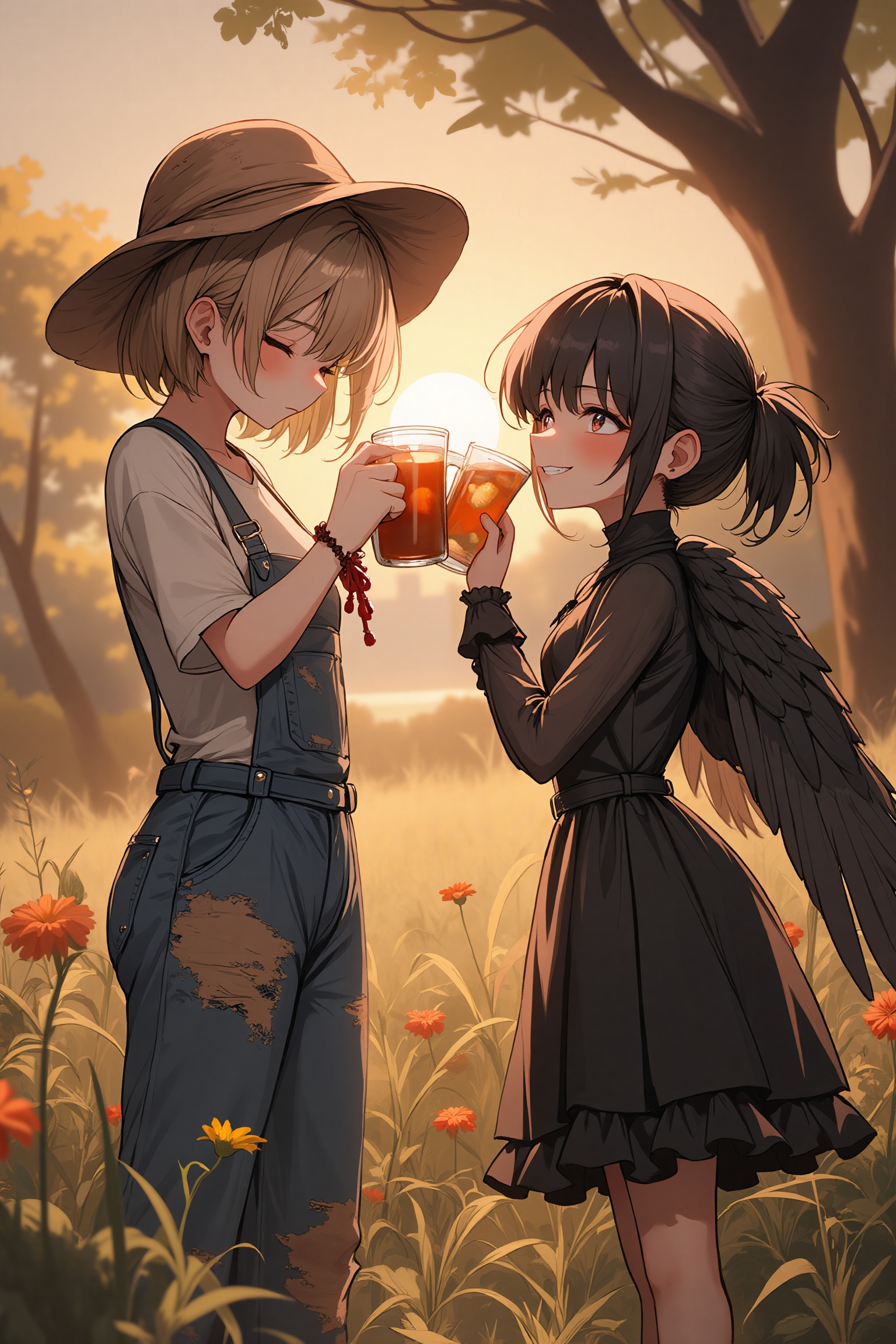 A whimsical anime scene unfolds as a girl,  dressed in tattered overalls and a faded straw hat,  resembles a scarecrow com...