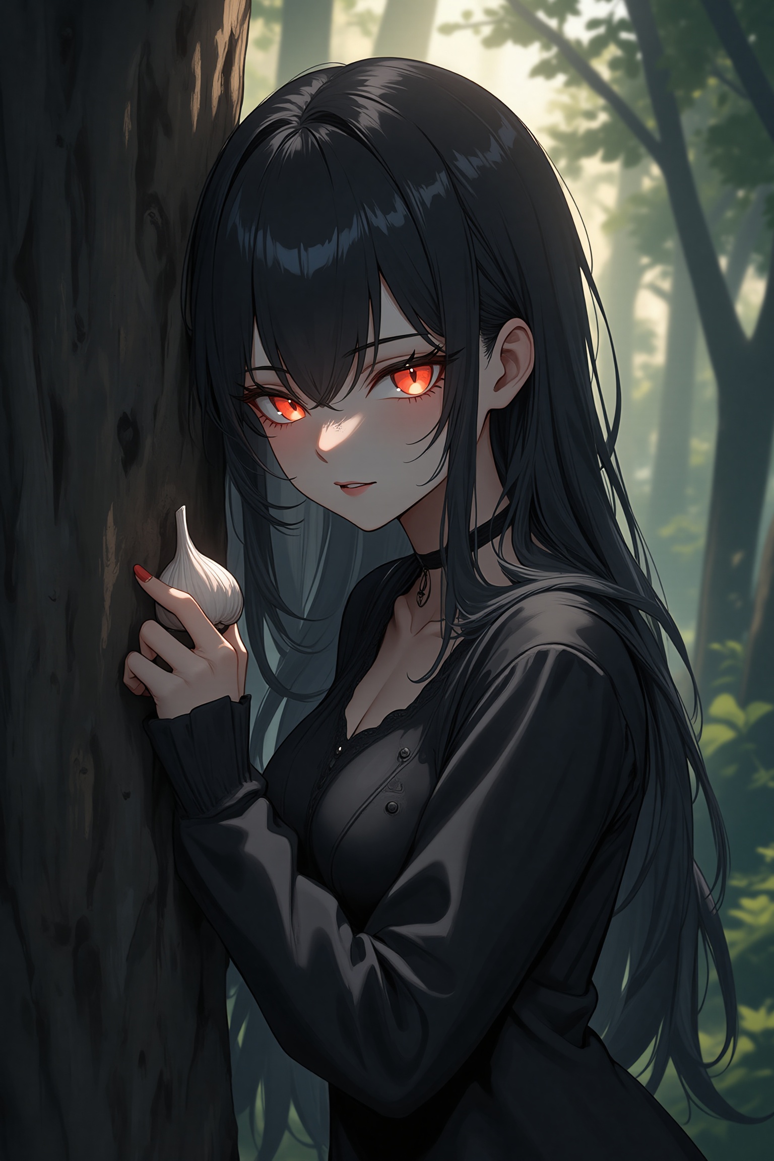 A moody,  misty forest at dusk serves as the backdrop for a striking anime style portrait of a vampire girl. Her porcelain...