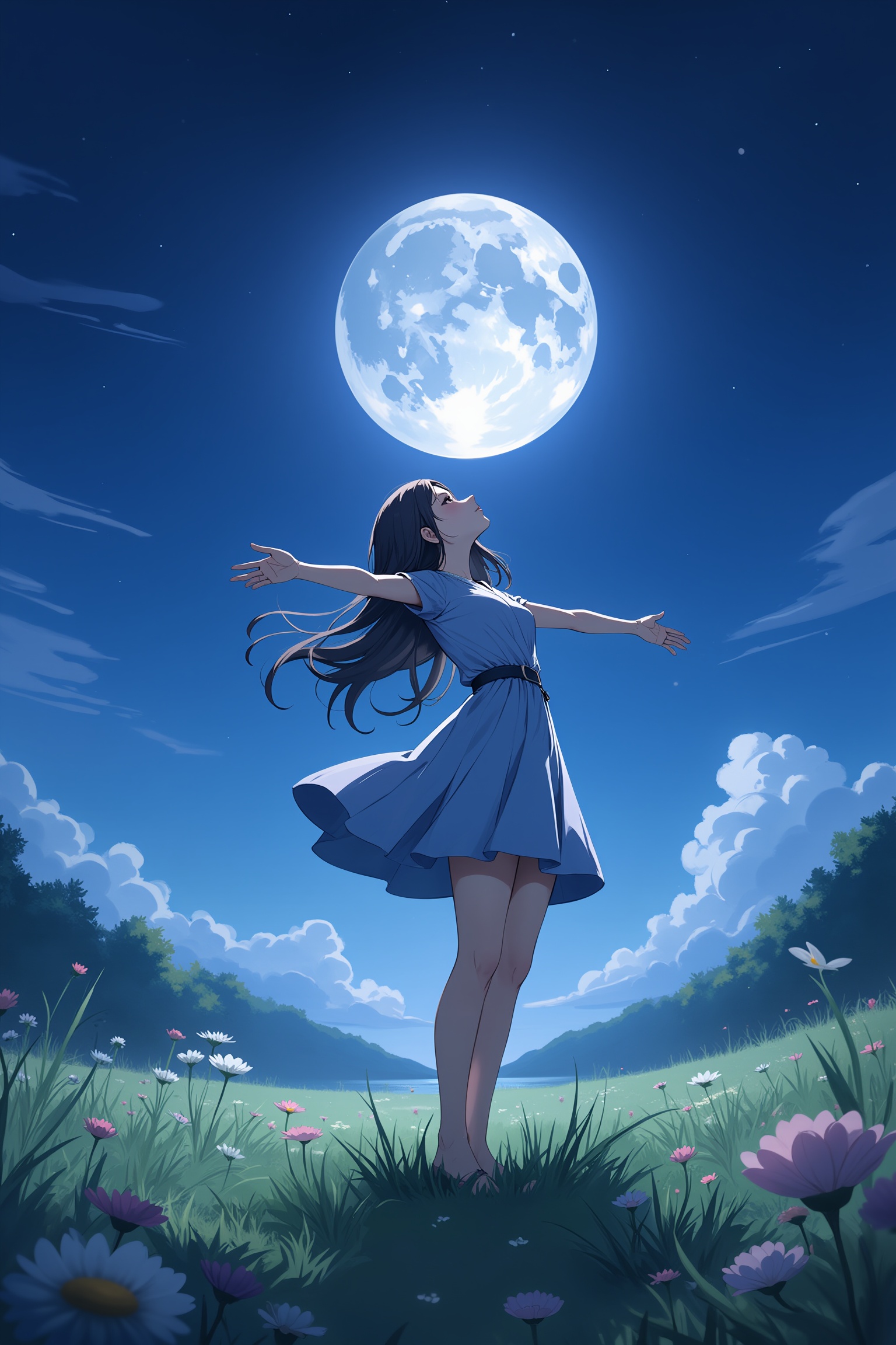 A serene anime style landscape: a girl,  arms outstretched,  stands in a lush meadow under a clear on Tensor.Art