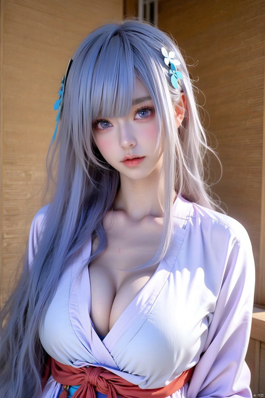  1girl
solo
long hair
breasts
looking at viewer
bangs
blue eyes
large breasts
hair ornament
cleavage
flower
white hair
japanese clothes
indoors
hair flower
blunt bangs
cosplay
realistic
