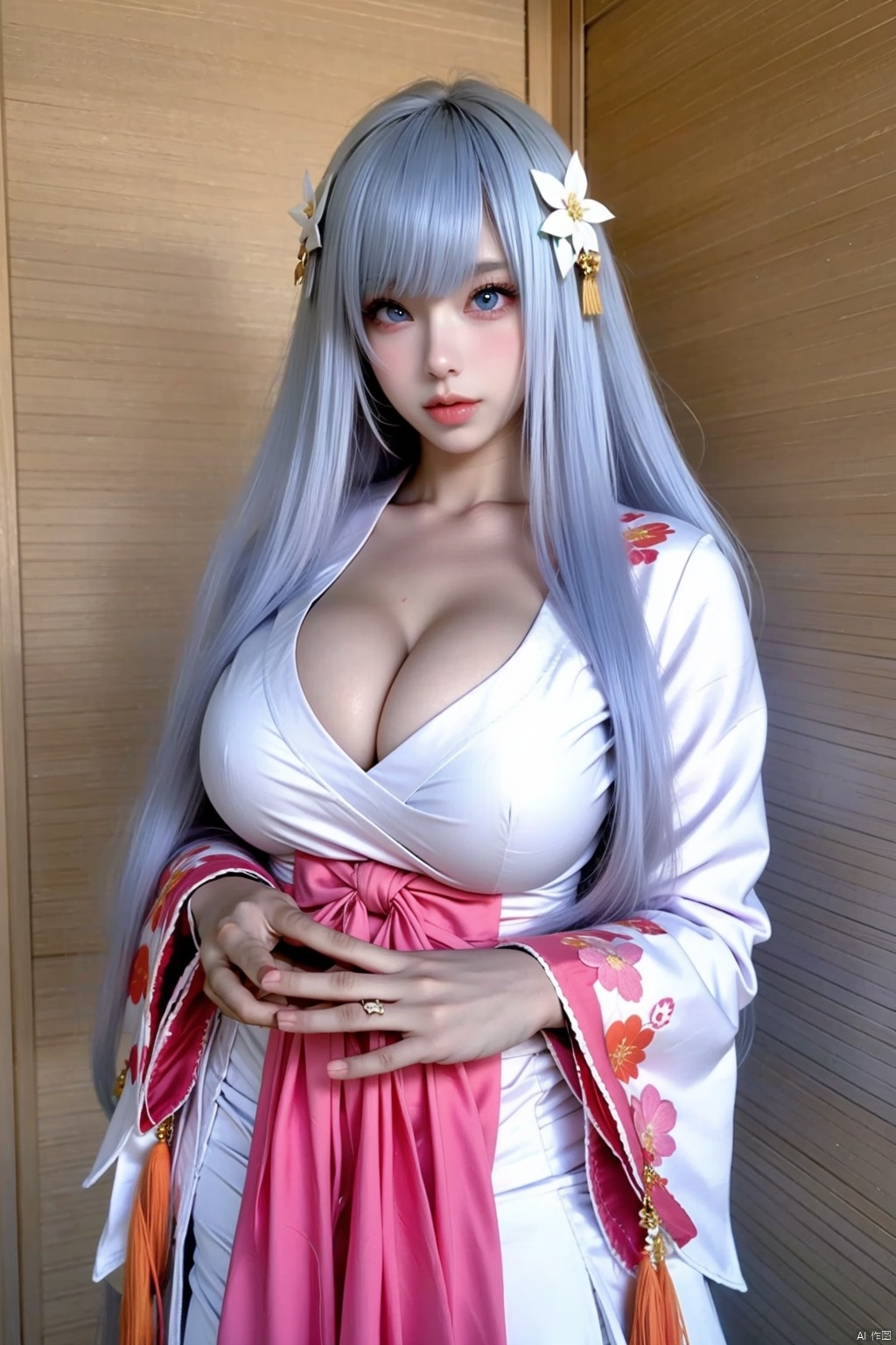  1girl
solo
long hair
breasts
looking at viewer
bangs
blue eyes
large breasts
hair ornament
cleavage
flower
white hair
japanese clothes
indoors
hair flower
blunt bangs
cosplay
realistic
