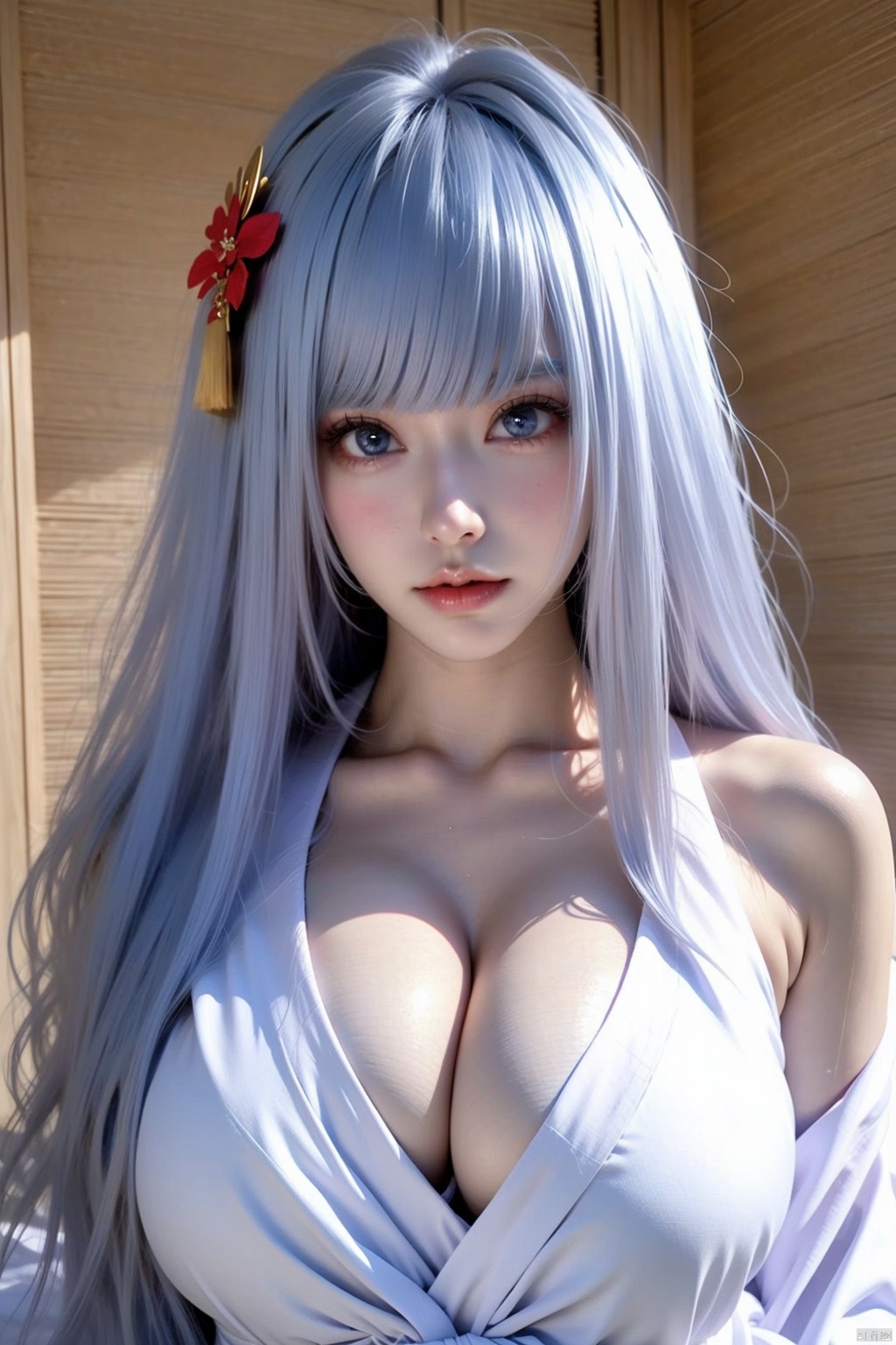  1girl
solo
long hair
breasts
looking at viewer
bangs
blue eyes
large breasts
hair ornament
cleavage
flower
white hair
japanese clothes
indoors
hair flower
blunt bangs
cosplay
realistic
