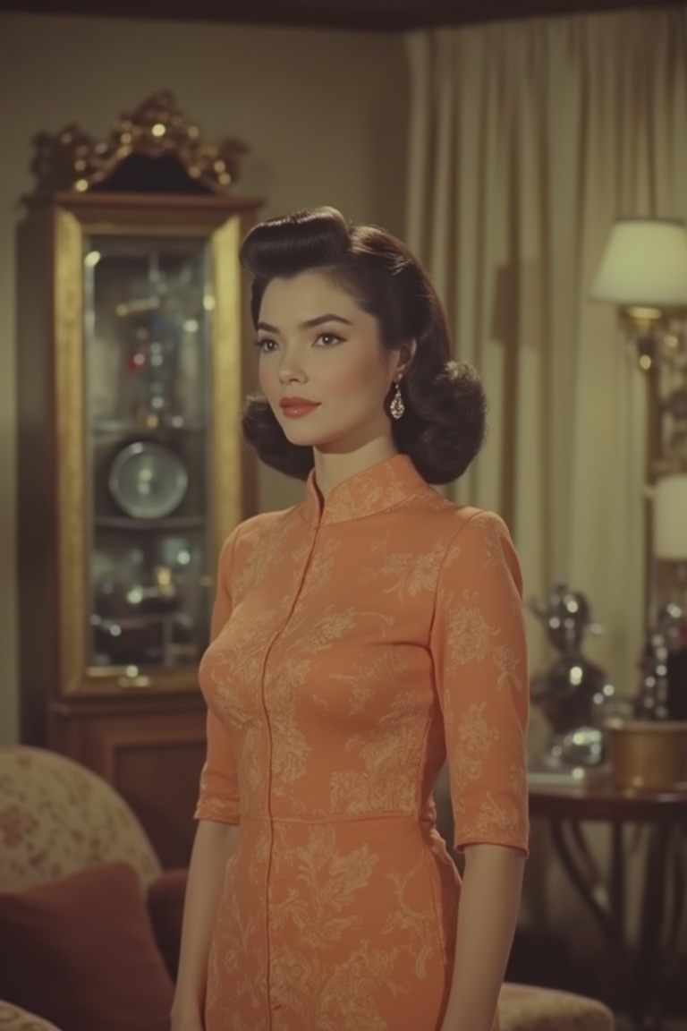 1950s Panavision screengrab of a pretty Malay woman,  mid-shot,  soft golden lighting on Tensor.Art
