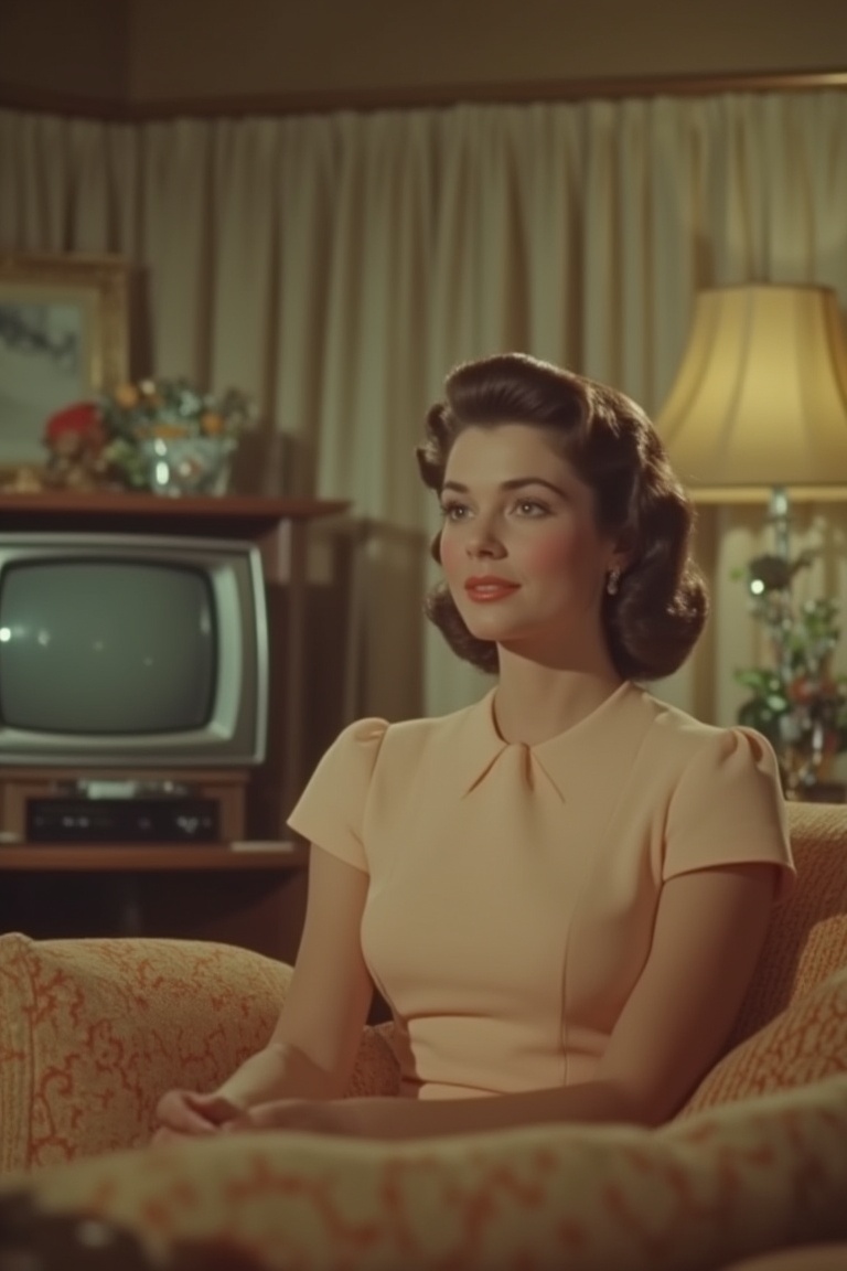 1950s Panavision screengrab of a pretty lady,  mid-shot,  soft golden lighting on Tensor.Art
