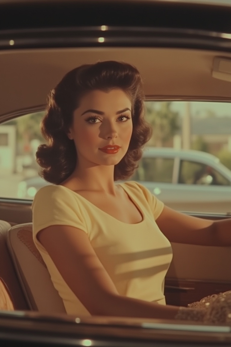 1950s Panavision screengrab,  half-body shot of a woman in a car,  soft golden lighting on Tensor.Art