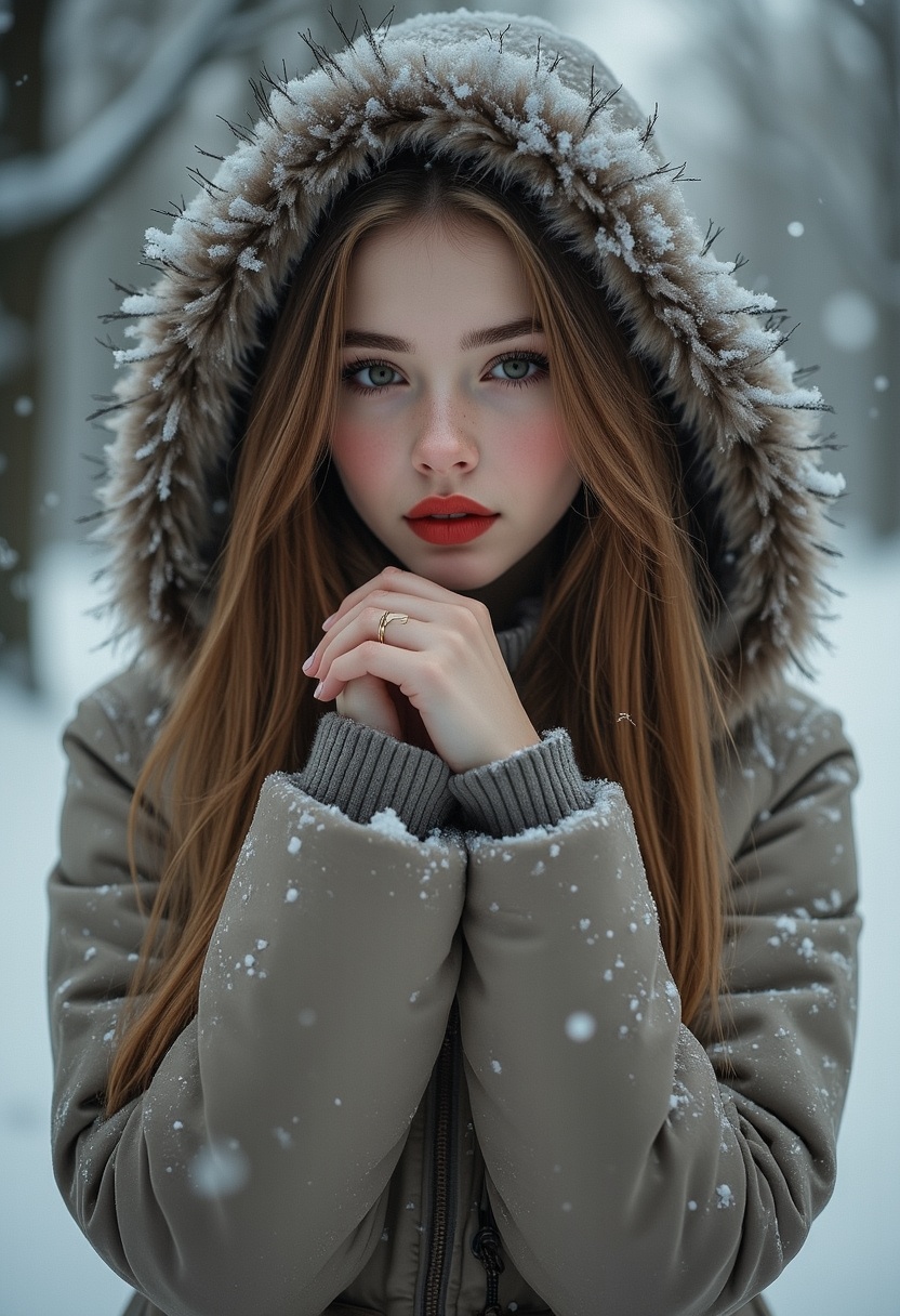 On a snowy day an 18 year old brunette with a big jacket and red lipstick portrait looks at the viewer with a dreamy almos...