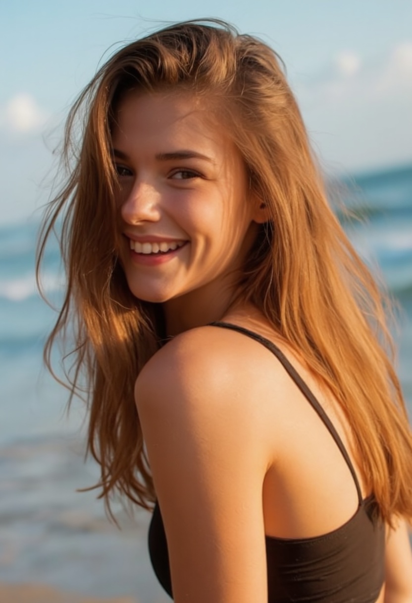 In golden hour light an 18 year old brunnete looks back at the viewer with a playful amused expression,  beach,  crinkled...